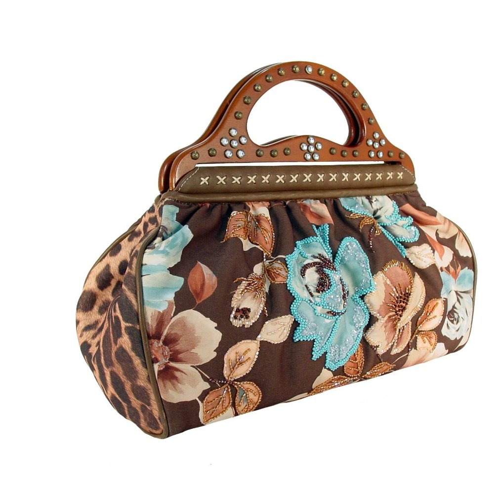 ISABELLA FIORE Beaded Floral Studded Crystals Wooden Handle Satchel Handbag - Picture 3 of 12
